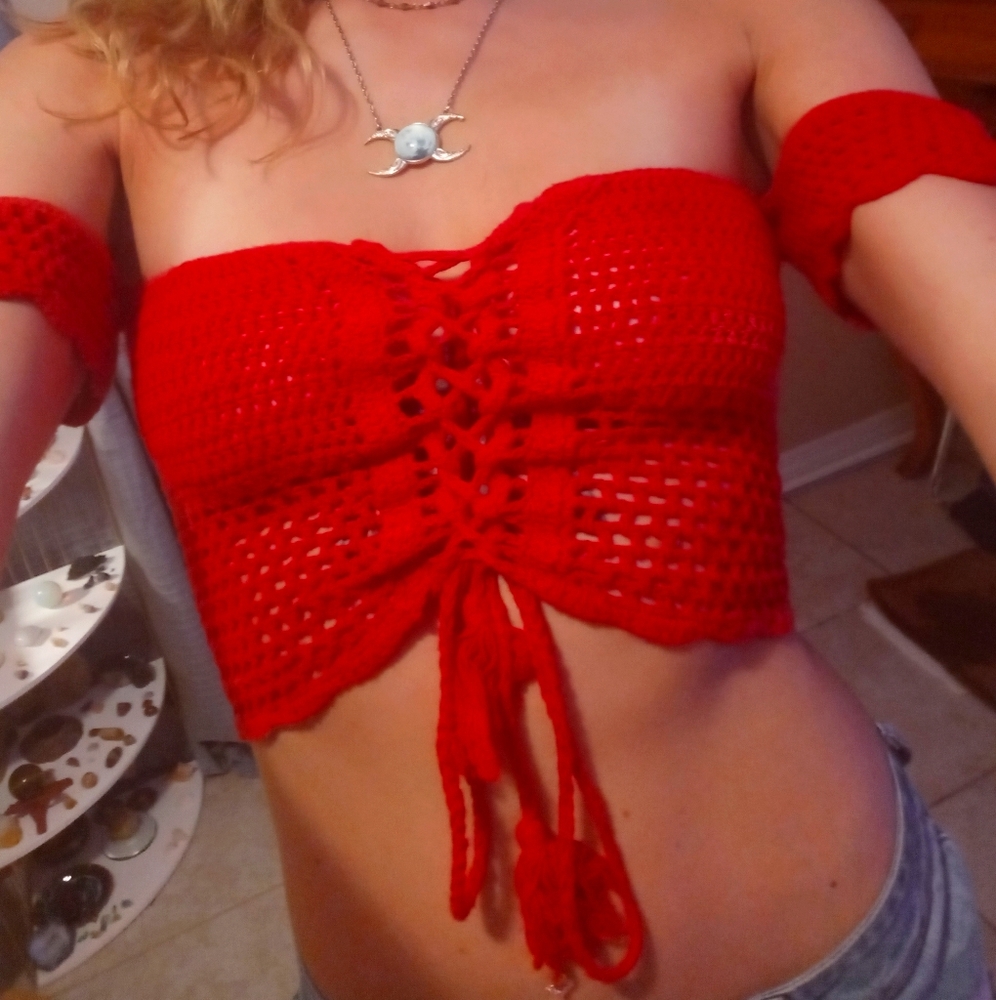 Red Crochet Drawstring Crop Top❤